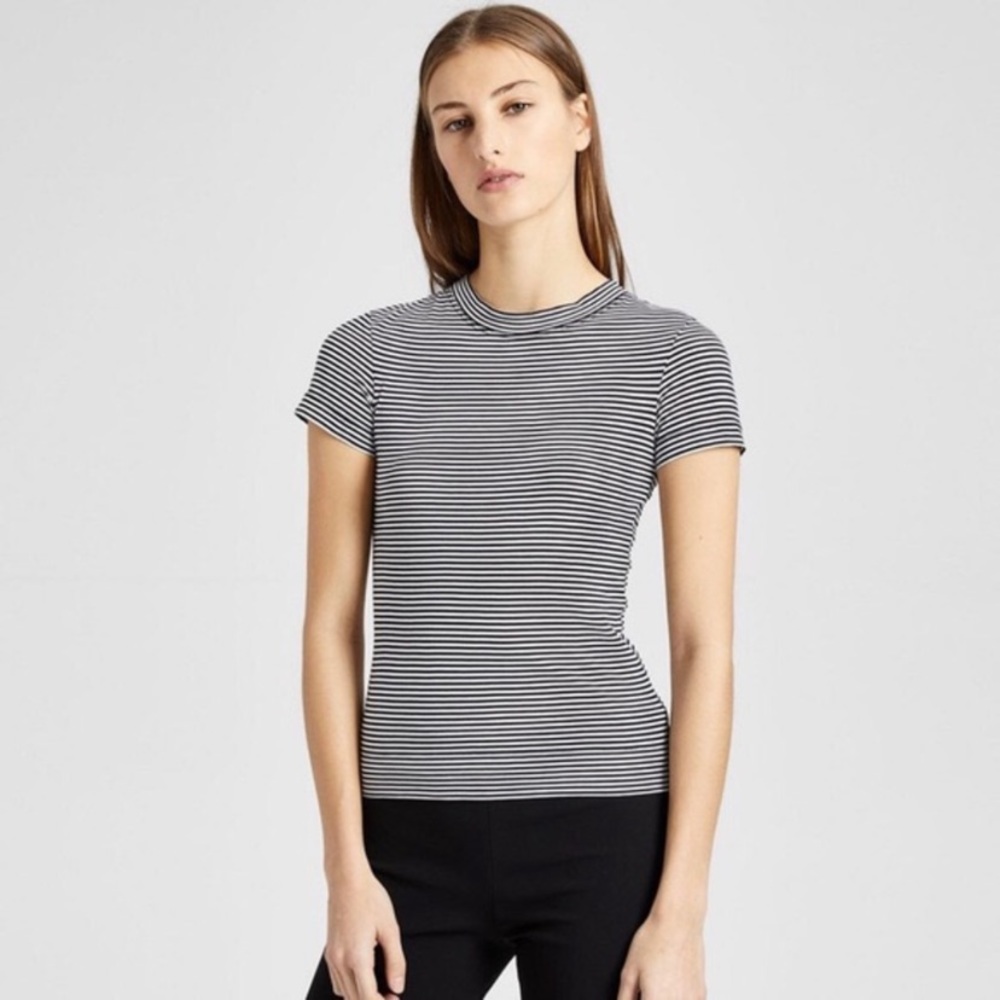 THEORY striped shirt mock t black white